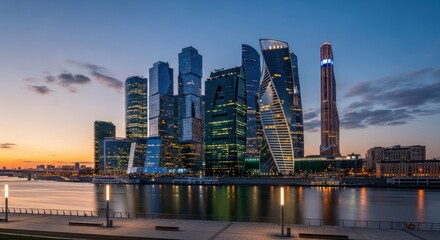 Fototapeta premium Modern city skyline at dusk with illuminated skyscrapers and river reflection