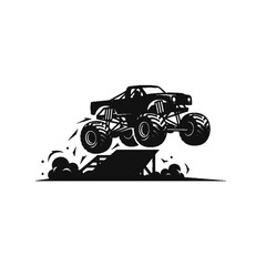 Monster Truck Silhouette Soaring High: A powerful monster truck, rendered in sleek silhouette, fearlessly conquers a ramp, embodying raw power, speed, and thrilling action. © MetaPixel Studio