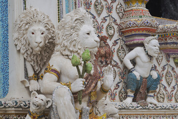 The contemporary stucco artwork in the Ordination Hall of Wat Pariwat Ratchasongkhram blends concepts related to beliefs and philosophy. Located at Bangkok city in Thailand.