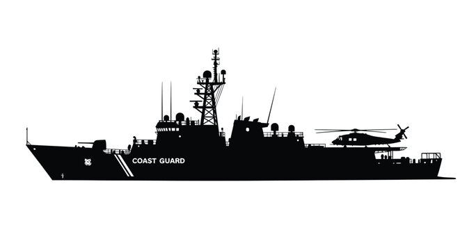 Black silhouette of a coast guard vessel with helicopter detailed silhouette
