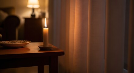 Burning candle illuminating a dark room with a warm glow. Comfort and peace concept for romantic evening or energy saving.