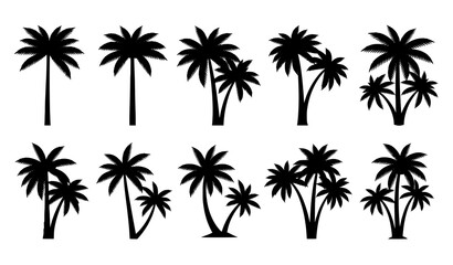 Black Coconut Palm Tree Icon Collection Vector for Tropical Nature and Travel Themes