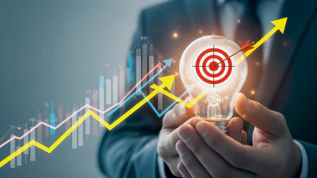 Businessman hand holding light bulb with target icon and new year 2026 financial growth arrow graph. Concept involves corporate business strategy goal achievement and future year innovation planning.