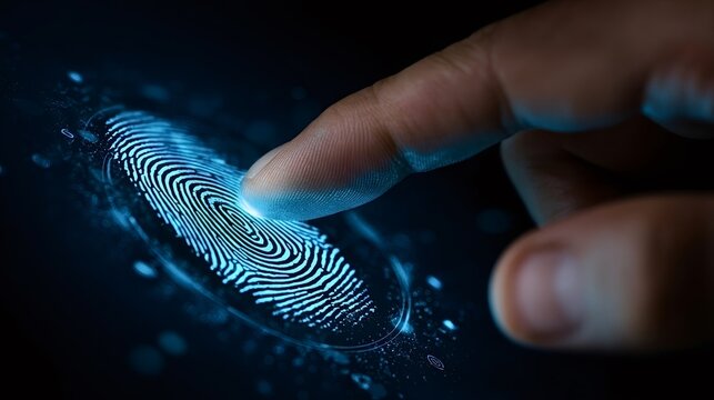 Human finger pressing onto a glowing blue fingerprint scanner, enabling access, identification, and protecting sensitive digital information with biometric security technology