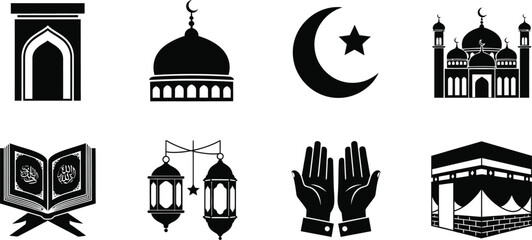 Obraz premium Ramadan silhouette icons set mosque crescent moon star quran lanterns kaaba silhouette