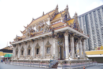 The Ordination Hall of Wat Pariwat Ratchasongkram incorporates contemporary art into its decoration ,  At Bangkok,Thailand.