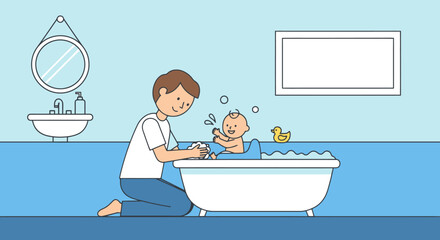 Father Kneeling Beside Bathtub Giving Happy Baby A Bath With Soap Bubbles And A Rubber Duck Toy And Bathroom Background Setting