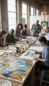 Diverse adult participants creating paintings together in open creative workshop. scattered art materials and soft diffused light form dynamic art-photo scene, collective expression and individuality