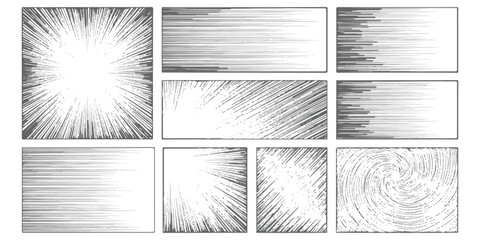 A collection of nine black and white comic book speed lines and action effects backgrounds for manga and graphic design projects