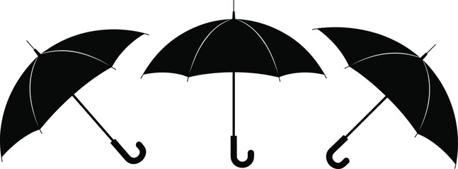 Black rain umbrella silhouettes isolated on white background, open parasol side and front view protection icon set © Afsun