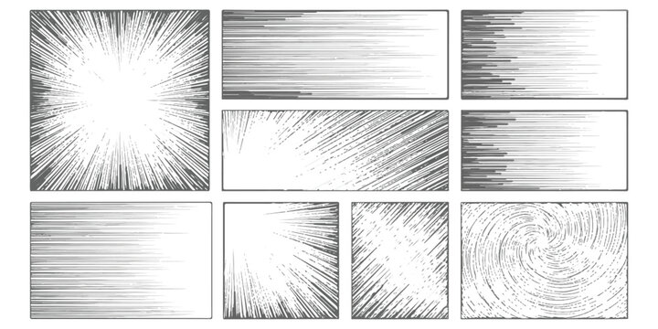 A collection of nine black and white comic book speed lines and action effects backgrounds for manga and graphic design projects
