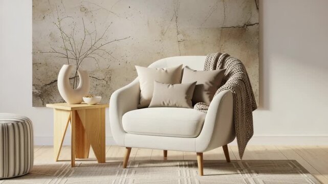 Cozy living room with white chair and side table against a stone wall with a vase and bowl on the table
