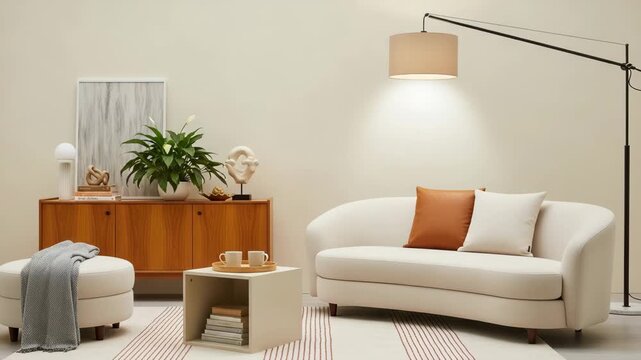 Cozy living room with white couch and orange pillow and a side table in a warm and inviting space with beige wall