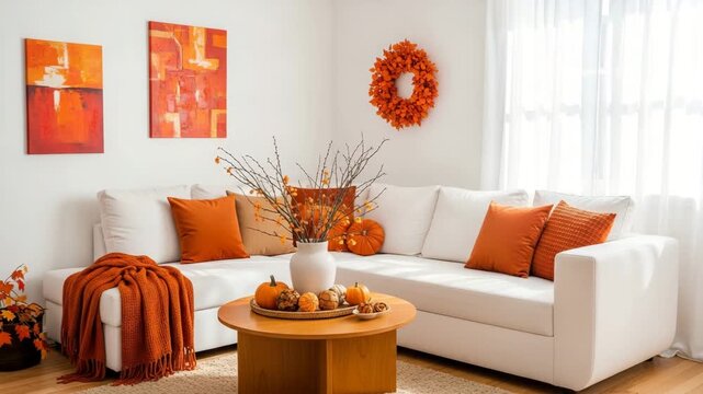 Cozy living room with white couch and orange pillows and decorations for fall season