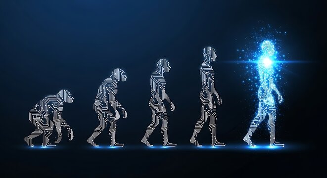 Digital evolution of human from ape to futuristic being composed of circuits and light, symbolizing technological advancement and AI.