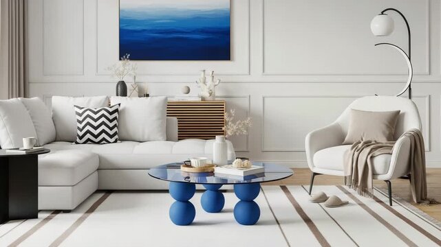 Elegant living room with white sectional sofa, blue coffee table, and white armchair on a white background