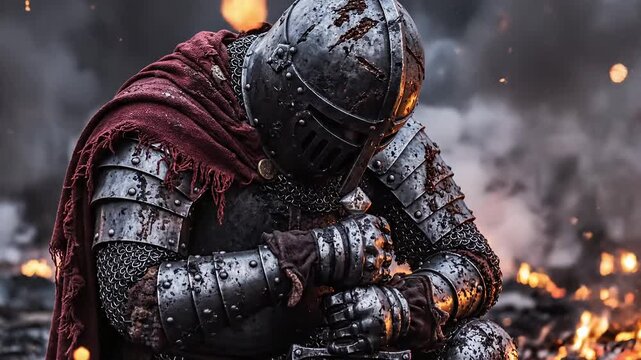 Cinematic View of Exhausted Medieval Knight Kneeling on Smoky Battlefield After Combat
