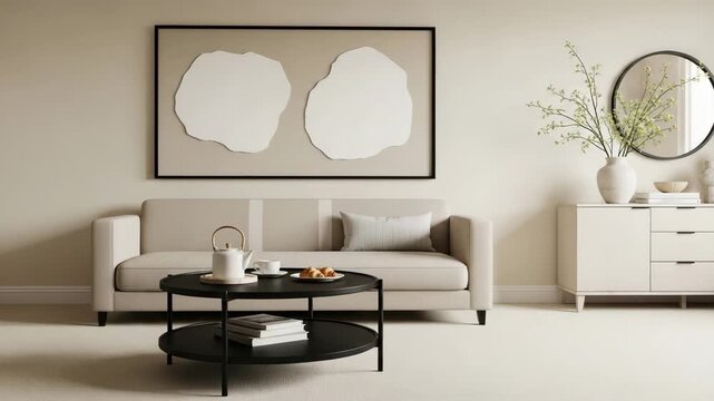 Modern living room with beige couch and abstract art on the wall with a coffee table and a white dresser