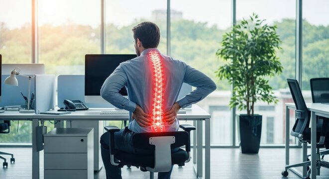 Office worker suffering lower back pain with highlighted spine discomfort from poor posture at desk.