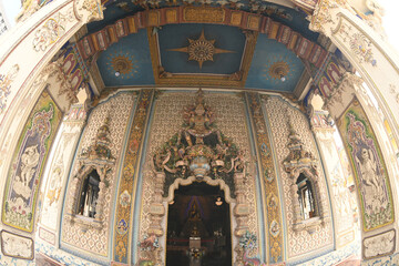 The Ordination Hall of Wat Pariwat Ratchasongkram incorporates contemporary art into its decoration ,  At Bangkok,Thailand.