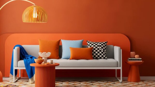 Vibrant orange living room with white couch and colorful pillows