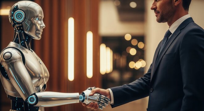Human and humanoid robot handshake in a modern corporate lobby, symbolizing AI partnership and trust technology.