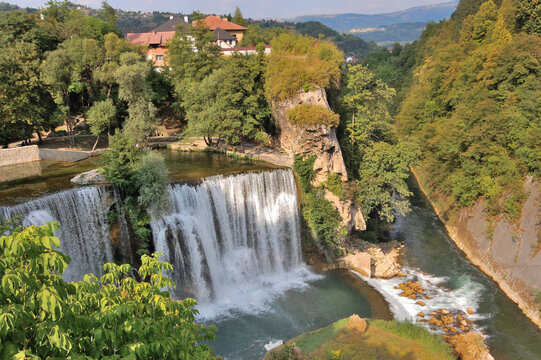 Scenic waterfall in Jajce, Bosnia and Herzegovina, where the Pliva River flows into the Vrbas River.
