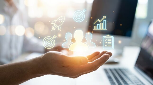 Business professional hand with digital CRM interface object performing client data management action through marketing technology in corporate environment.