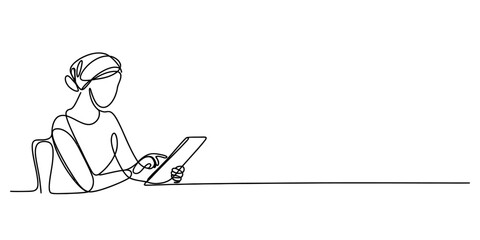 A minimalist continuous line drawing of a person sitting at a desk and using a digital tablet isolated on white background, Vector, illustration © Rimi Kailash Arts
