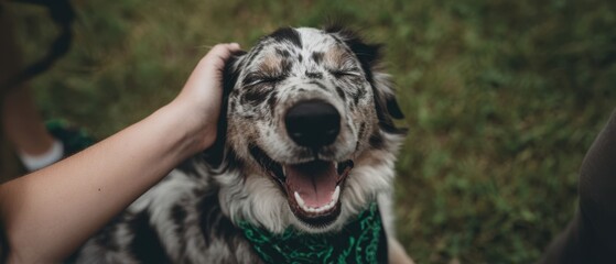 The Dog Enjoying a Joyful Moment While Being Petted Outdoors on a Sunny Day