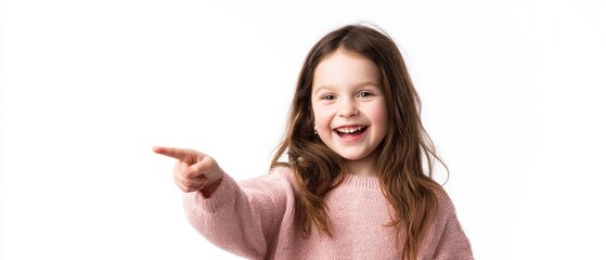 The Girl Laughing and Pointing with Playful Expression in Pink Sweater