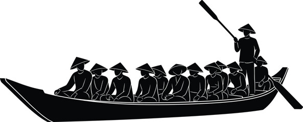 Traditional river boat silhouette with group of rowers and standing oarsman wearing conical hats, minimalist black vector illustration isolated on white background for travel, culture © MstRuna