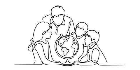 Teacher showing a globe to children in a continuous line drawing style for education concept isolated on white background, Vector, illustration © Rimi Kailash Arts