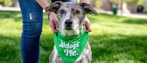 The Dog Wearing a Green Adopt Me Bandana at an Adoption Event in the Park