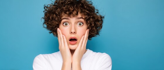 The Woman with Curly Hair Looking Shocked Against a Blue Studio Background