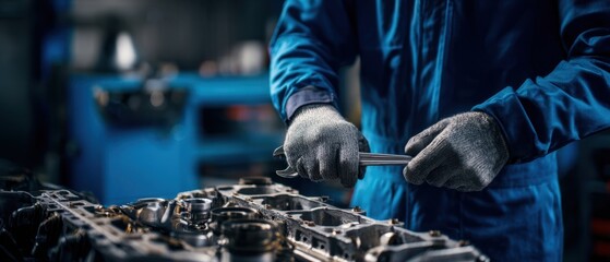 The engine block being repaired by a mechanic in an automotive workshop