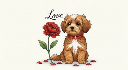 A charming puppy sitting beside a single red rose symbolizing love and affection