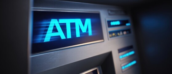 The ATM terminal glowing blue in a closeup modern banking kiosk with cool lighting