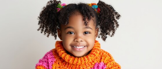 The Girl in a Colorful Knit Sweater Smiling in Studio Portrait