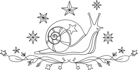 Cute snail line art illustration with decorative stars and floral border, minimalist black and white vector drawing isolated on white background for coloring pages, kids art, tattoo design © MstRuna