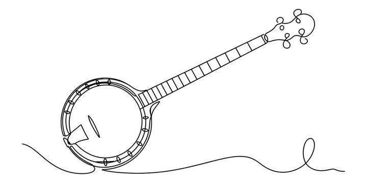 Minimalist continuous line drawing of a classic musical banjo instrument on a white background isolated on white background, Vector, illustration