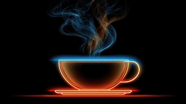 Glowing Neon Coffee Cup with Steam.
