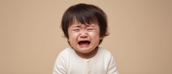 The crying baby in a white shirt against a beige background showing raw emotion