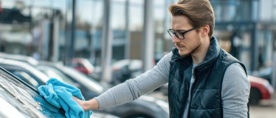 The man cleaning a car with a blue microfiber cloth in a dealership lot