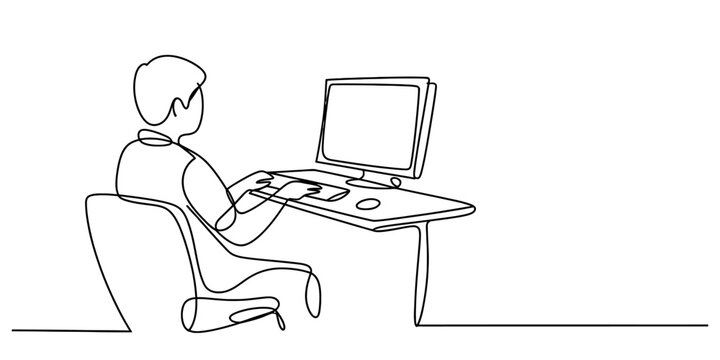 Continuous line art illustration of a person sitting at a desk and using a computer isolated on white background, Vector, illustration