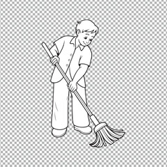 a drawing of a boy sweeping the floor, png
