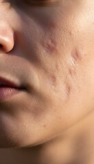 Fototapeta premium Macro shot of facial skin showing acne inflammation and enlarged pores, dermatology concept.
