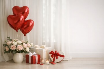 Minimal Valentine&rsquo;s Day Still Life with Heart Balloons, Gift Boxes, and Flowers