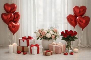 Valentine&rsquo;s Day Still Life with Heart Balloons, Gift Boxes, and Floral Arrangement