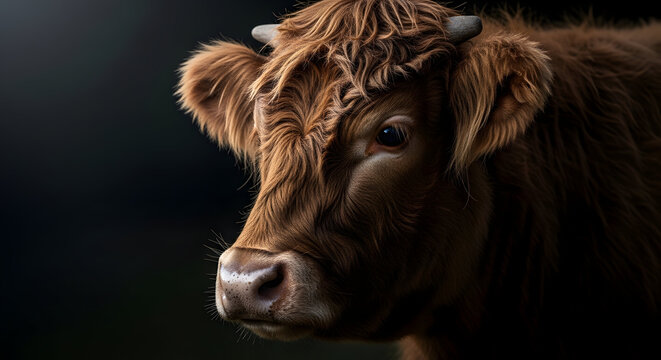 Close-up Portrait of a Shaggy Highland Cow with Horns on a Dark Background